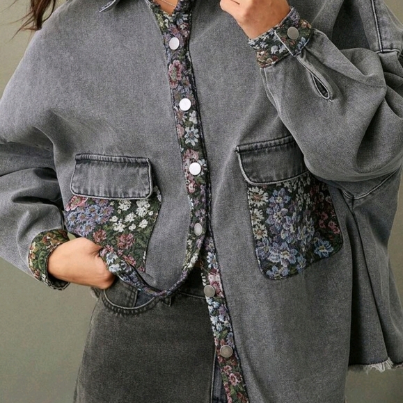 Contrast Vintage Floral Tapestry Denim Shirt Jacket Shacket - Picture 2 of 5